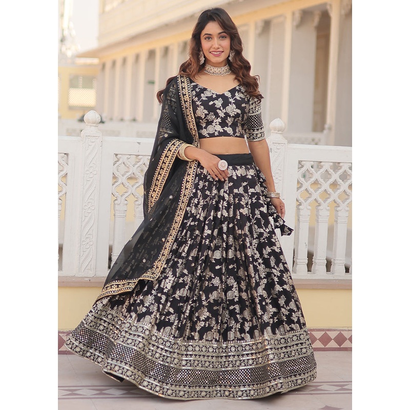 3 Pc Black Viscose Semi Stitched Lehenga Set - JD986605926