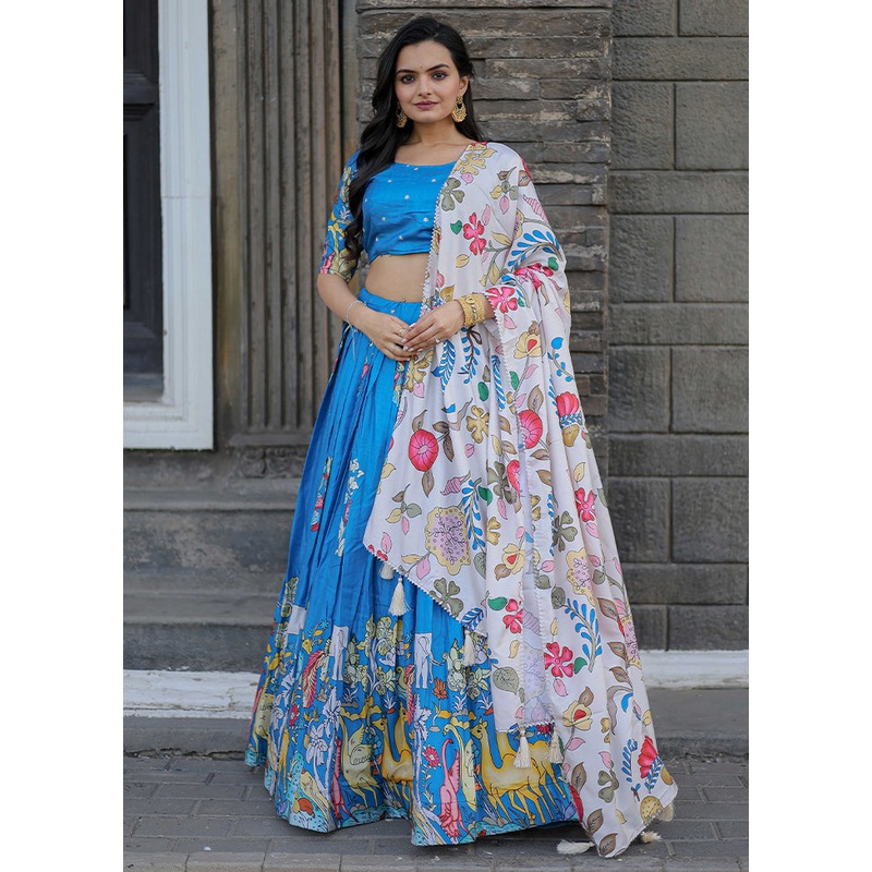 3 Pc Blue Silk Semi Stitched Lehenga Set - JD986605923