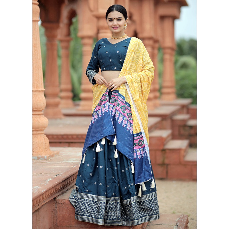 3 Pc Blue Silk Semi Stitched Lehenga Set - JD986605924
