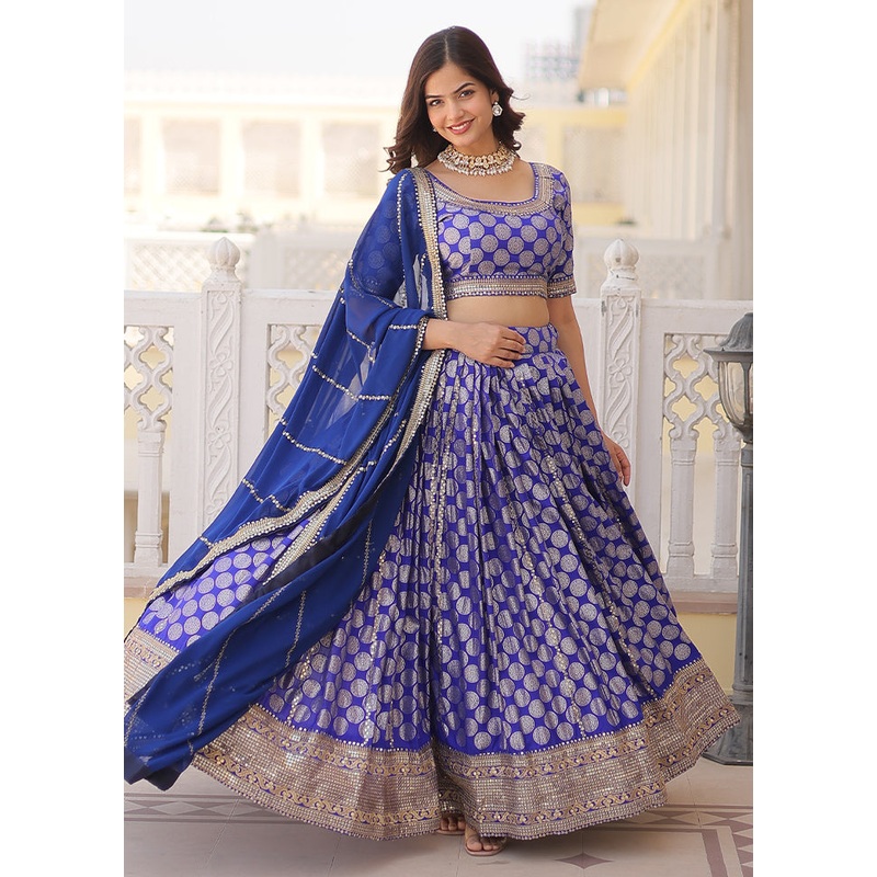 3 Pc Blue Viscose Semi Stitched Lehenga Set - JD986605922