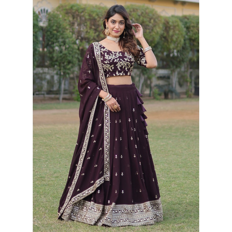 3 Pc Coffee Georgette Semi Stitched Lehenga Set - JD986605921