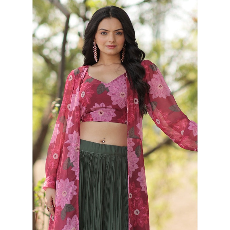 3 Pc Green Georgette Readymade Lehenga Set - JD986605939