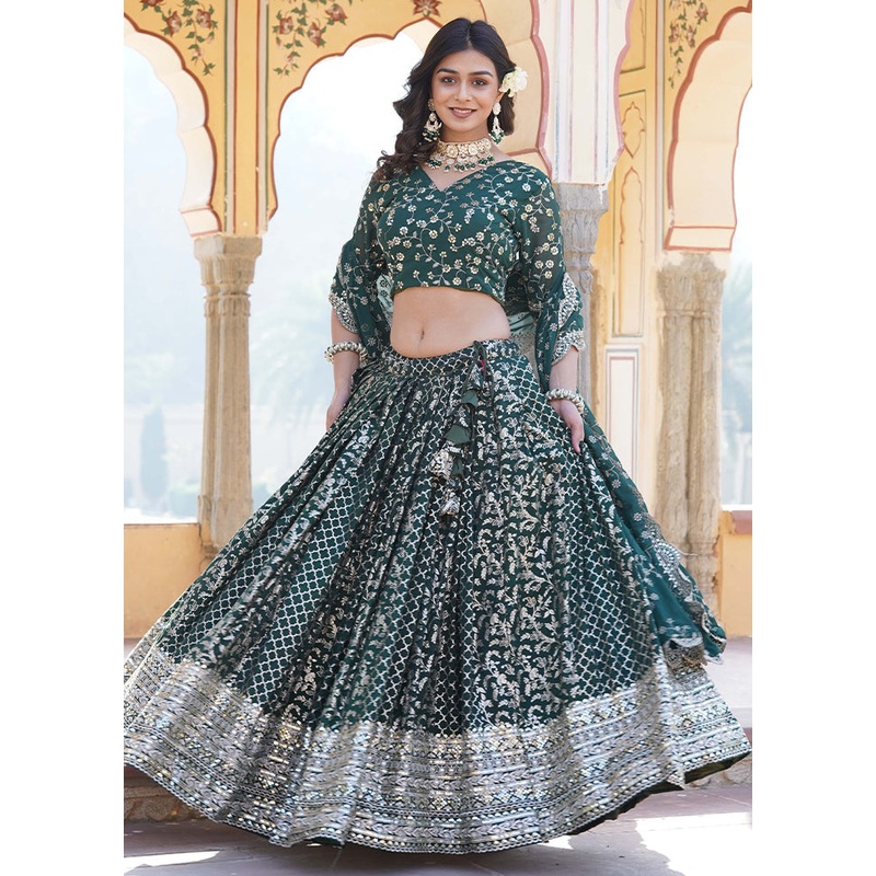 3 Pc Green Pure Viscose Semi Stitched Lehenga Set - JD986605920