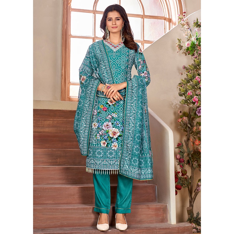 3 Pc Green Readymade Silk Dupatta Suit Set - JD986606006