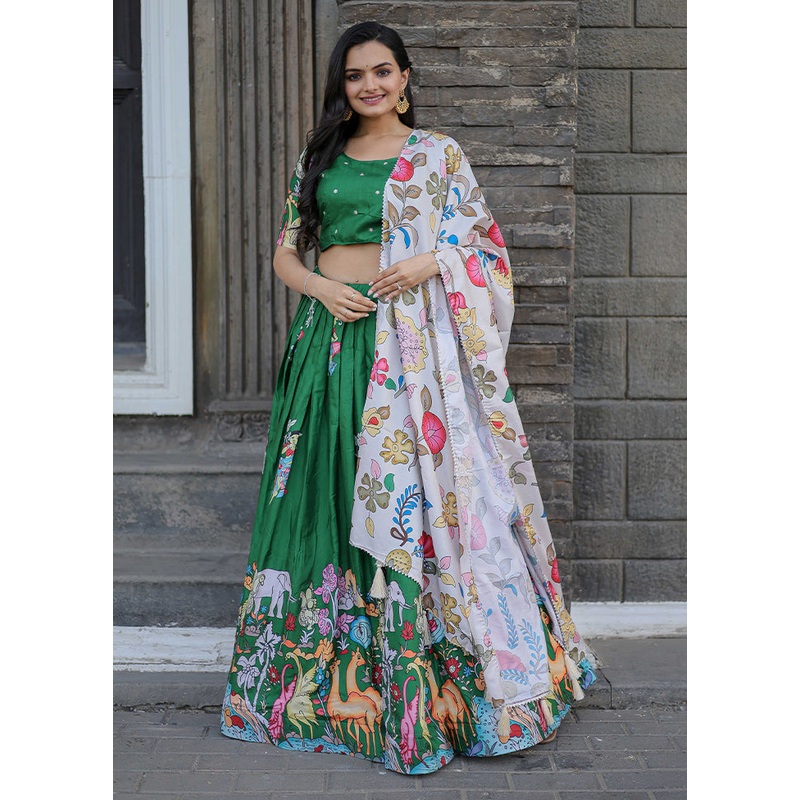 3 Pc Green Silk Semi Stitched Lehenga Set - JD986605919