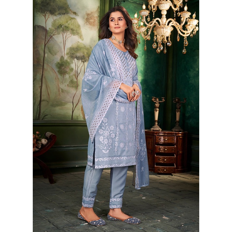 3 Pc Grey Readymade Silk Dupatta Suit Set - JD986606005