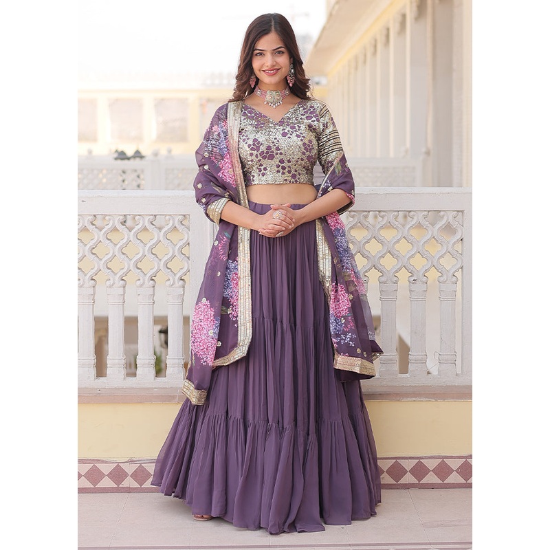 3 Pc Lavender Georgette Semi Stitched Lehenga Set - JD986605918