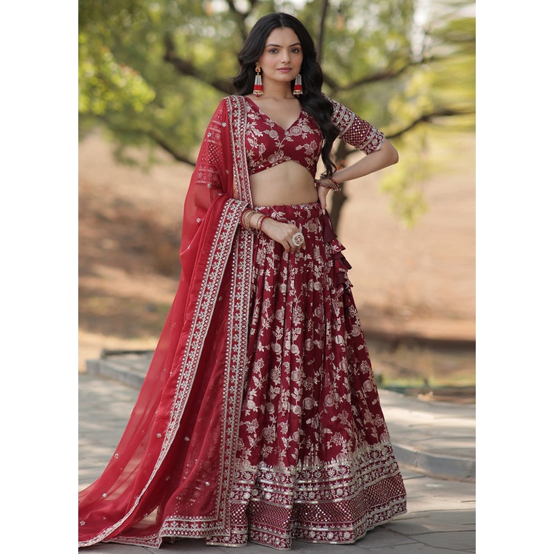 3 Pc Maroon Pure Viscose Semi Stitched Lehenga Set - JD986605916
