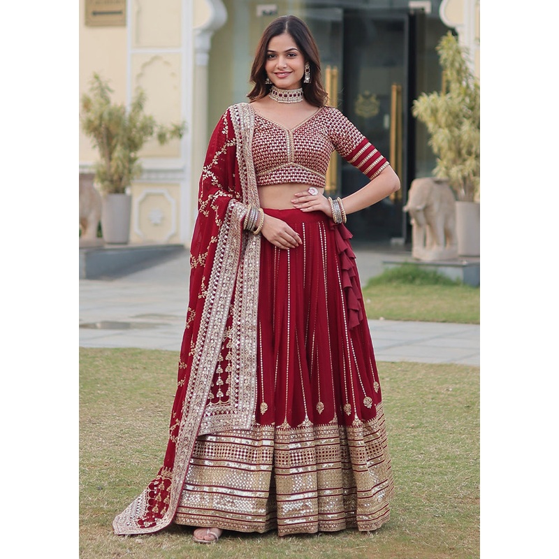 3 Pc Maroon Silk Semi Stitched Lehenga Set - JD986605915