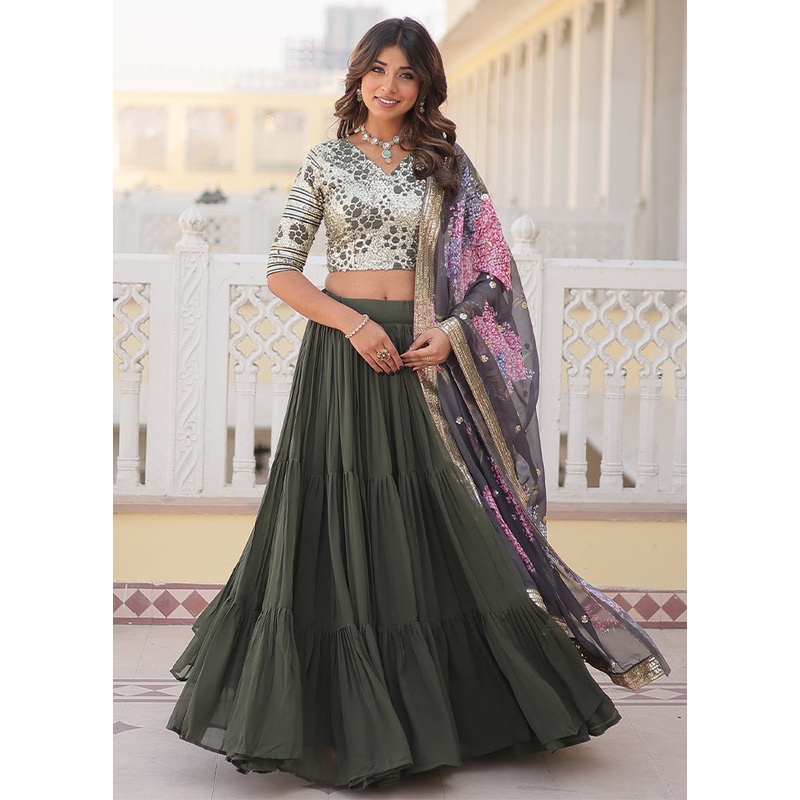 3 Pc Mehendi Georgette Semi Stitched Lehenga Set - JD986605914