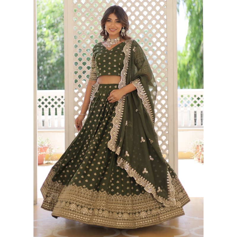 3 Pc Mehendi Pure Viscose Semi Stitched Lehenga Set - JD986605913