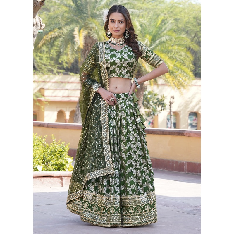 3 Pc Mehendi Viscose Semi Stitched Lehenga Set - JD986605912