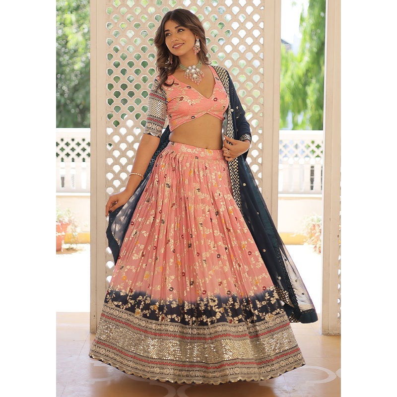 3 Pc Peach Viscose Semi Stitched Lehenga Set - JD986605909
