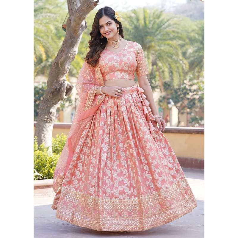 3 Pc Peach Viscose Semi Stitched Lehenga Set - JD986605910