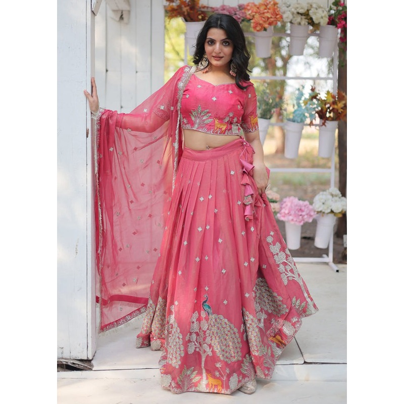 3 Pc Pink Silk Semi Stitched Lehenga Set - JD986605907