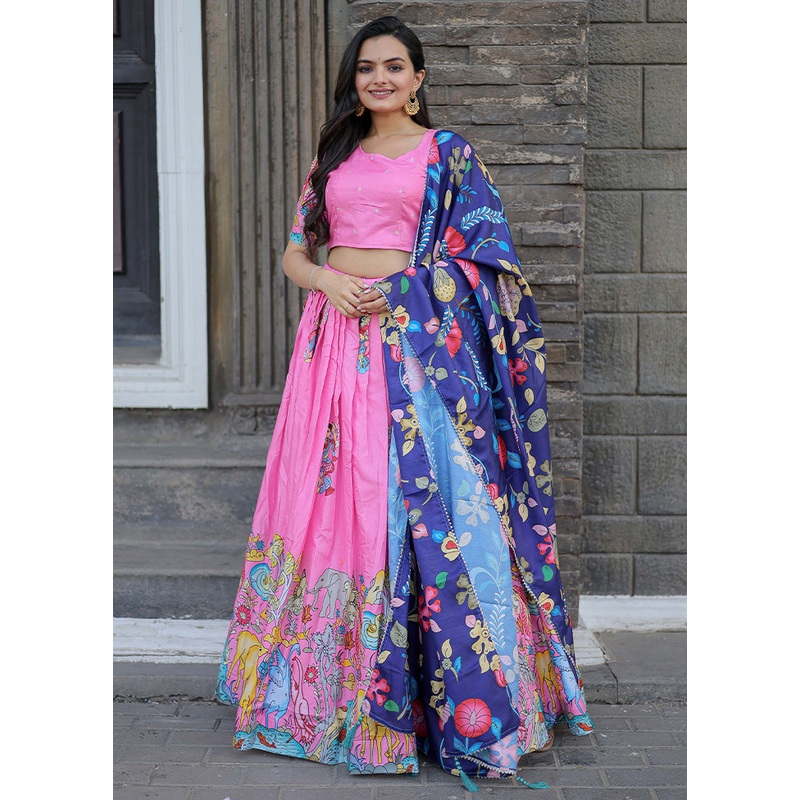 3 Pc Pink Silk Semi Stitched Lehenga Set - JD986605908
