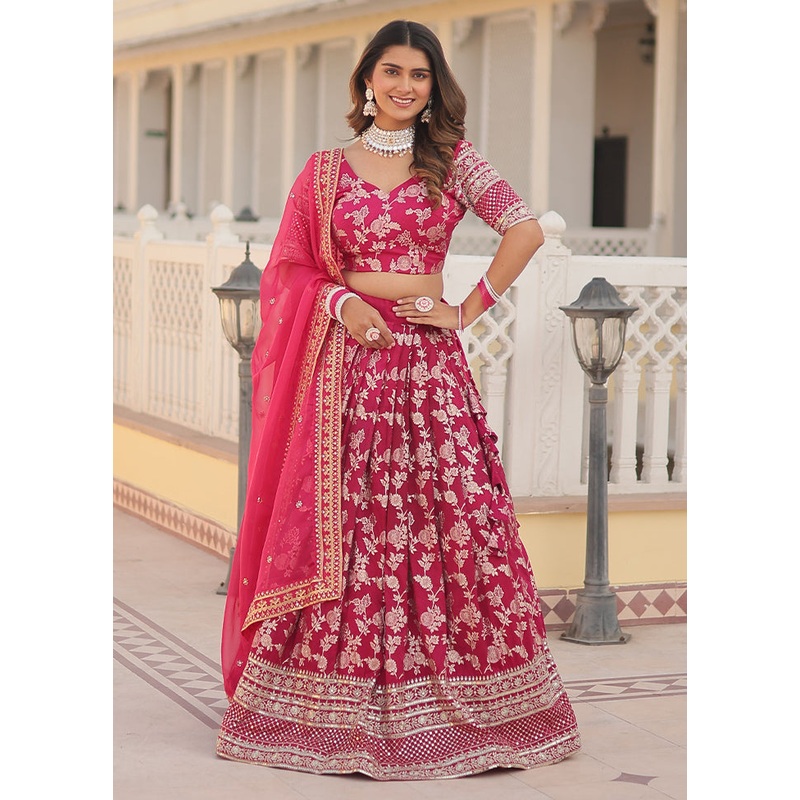 3 Pc Pink Viscose Semi Stitched Lehenga Set - JD986605906
