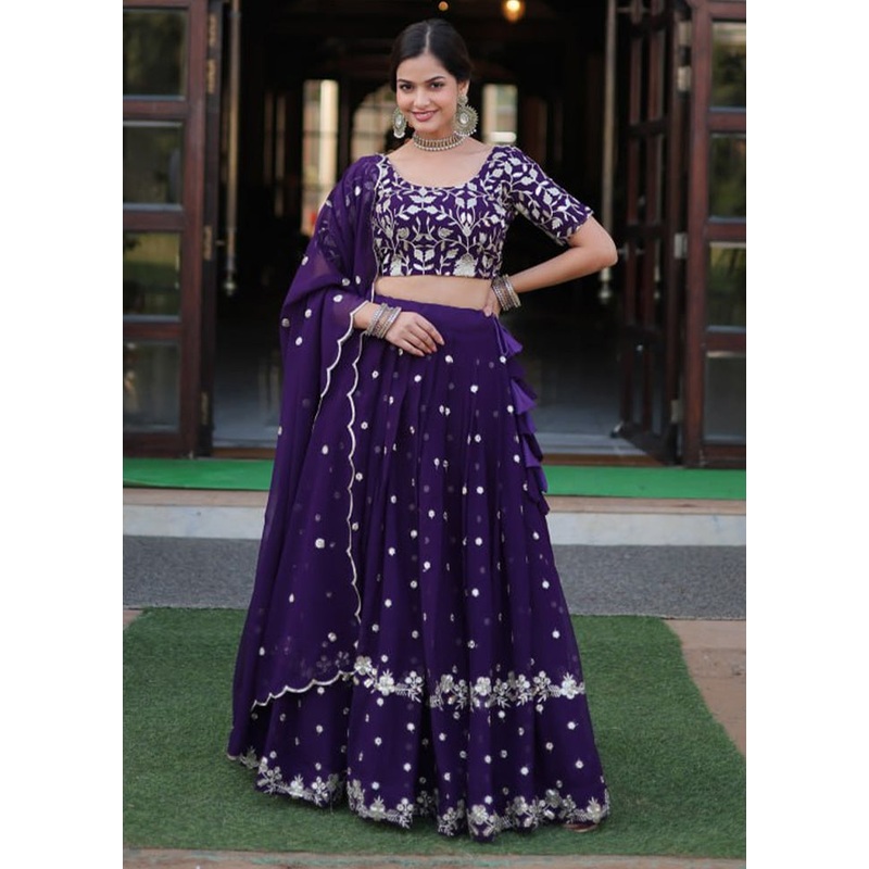 3 Pc Purple Georgette Semi Stitched Lehenga Set - JD986605894