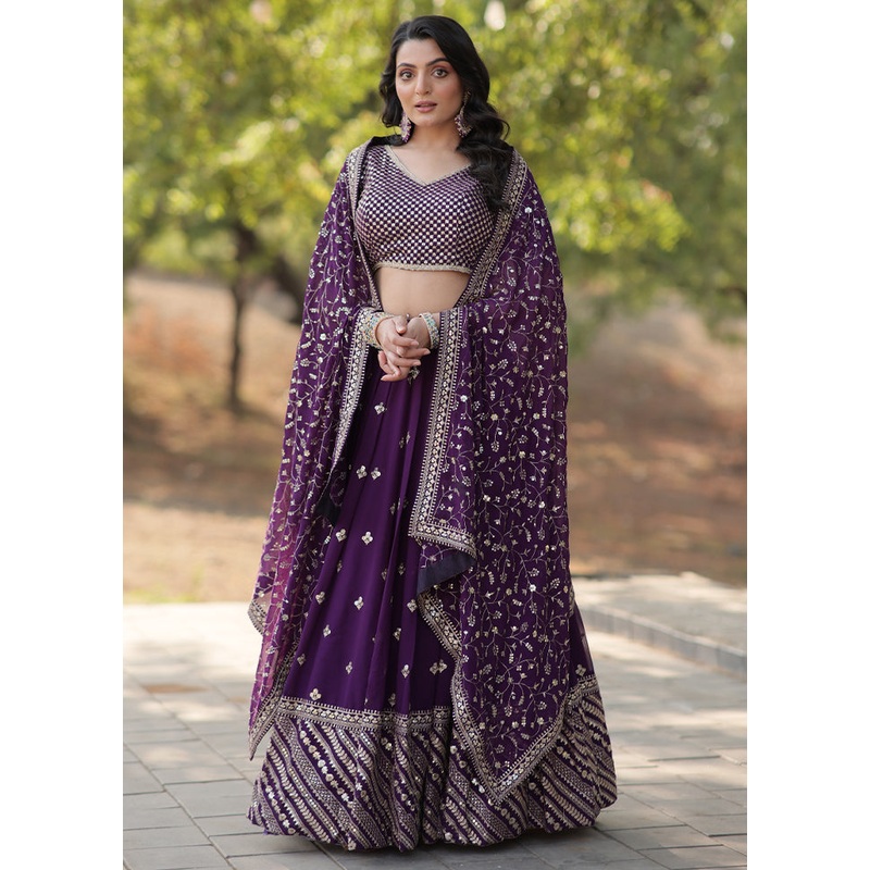 3 Pc Purple Silk Semi Stitched Lehenga Set - JD986605902