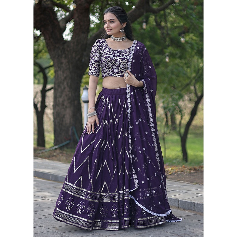 3 Pc Purple Silk Semi Stitched Lehenga Set - JD986605903