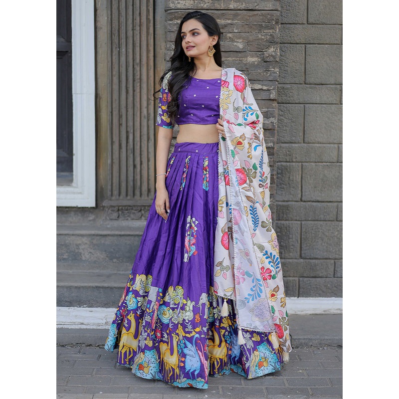 3 Pc Purple Silk Semi Stitched Lehenga Set - JD986605904