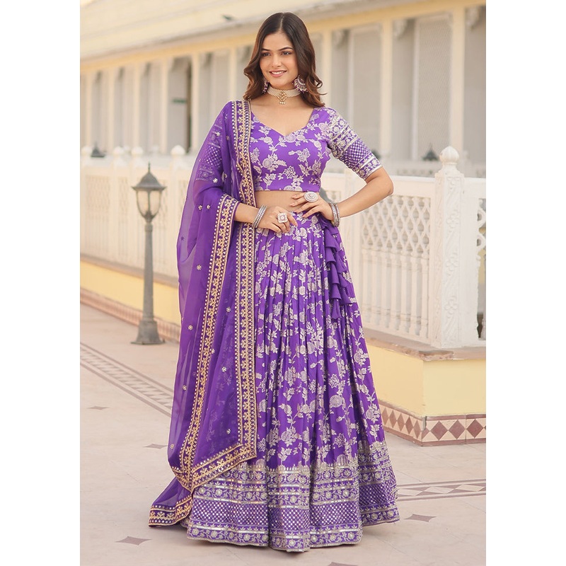 3 Pc Purple Viscose Semi Stitched Lehenga Set - JD986605901