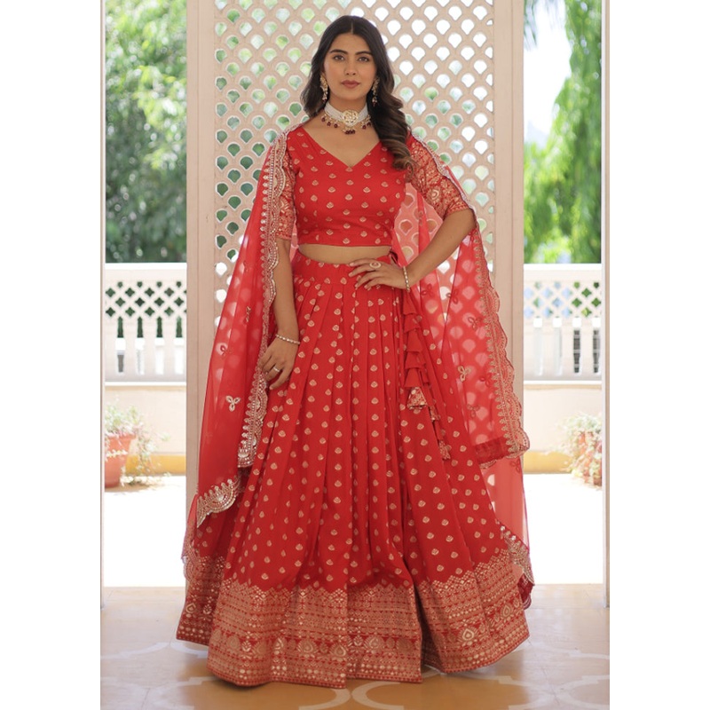 3 Pc Red Pure Viscose Semi Stitched Lehenga Set - JD986605899