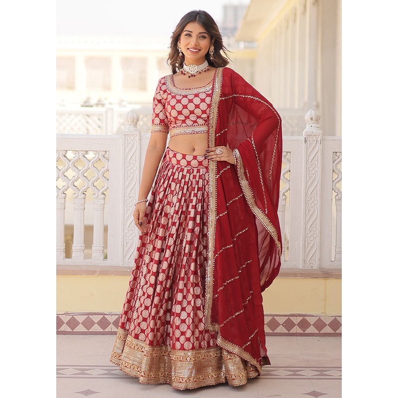 3 Pc Red Viscose Semi Stitched Lehenga Set - JD986605898