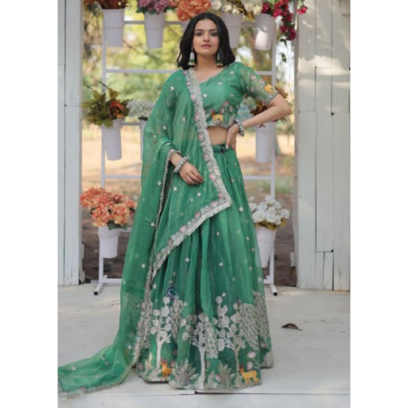 3 Pc Sea Green Silk Semi Stitched Lehenga Set - JD986605897