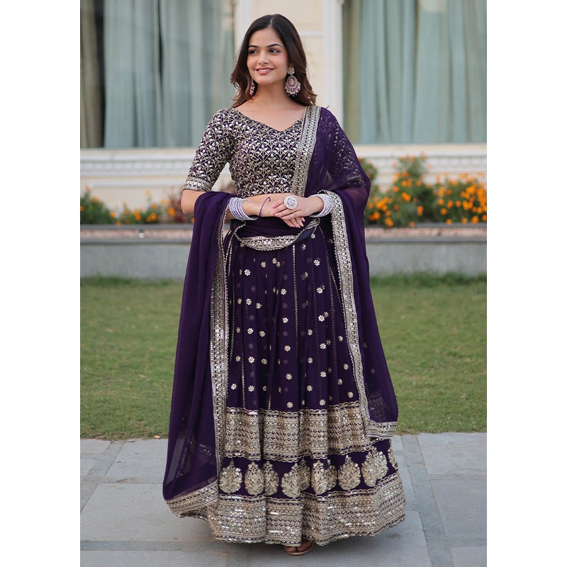 3 Pc Wine Georgette Semi Stitched Lehenga Set - JD986605895