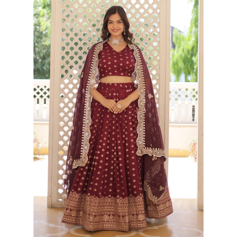 3 Pc Wine Pure Viscose Semi Stitched Lehenga Set - JD986605892