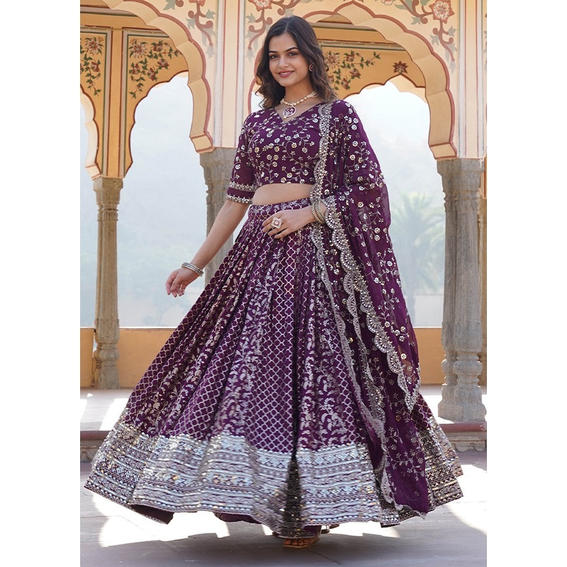 3 Pc Wine Pure Viscose Semi Stitched Lehenga Set - JD986605893