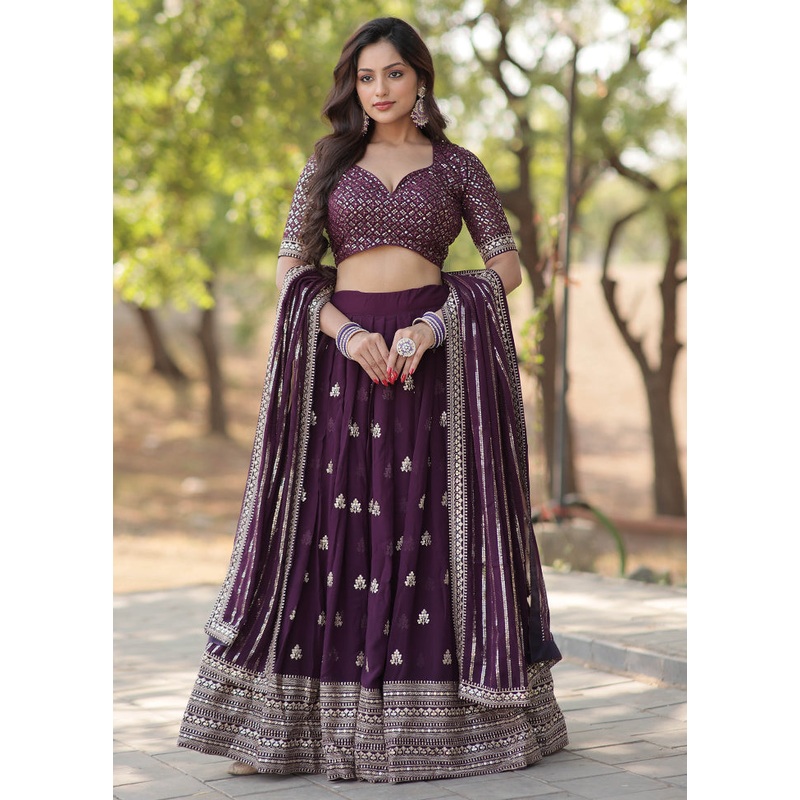 3 Pc Wine Silk Semi Stitched Lehenga Set - JD986605890