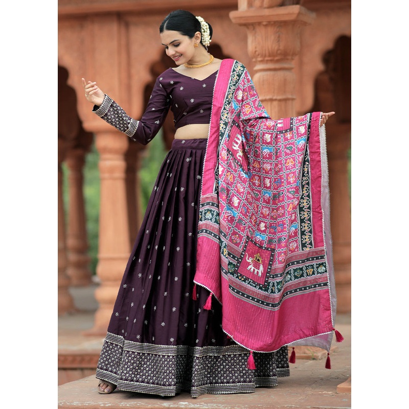 3 Pc Wine Silk Semi Stitched Lehenga Set - JD986605891