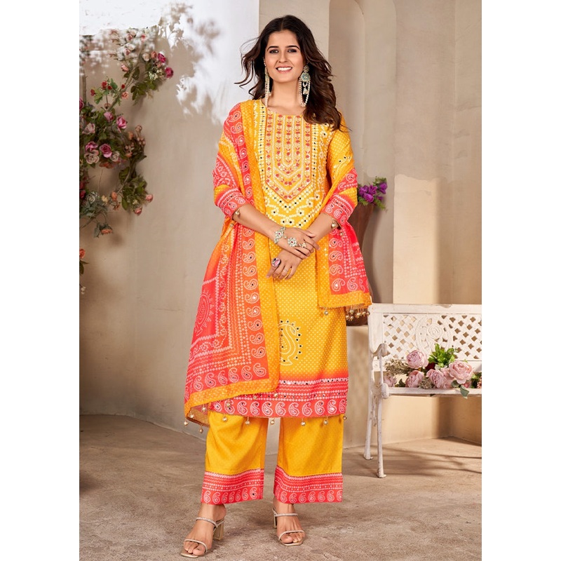 3 Pc Yellow Readymade Silk Dupatta Suit Set - JD986605991