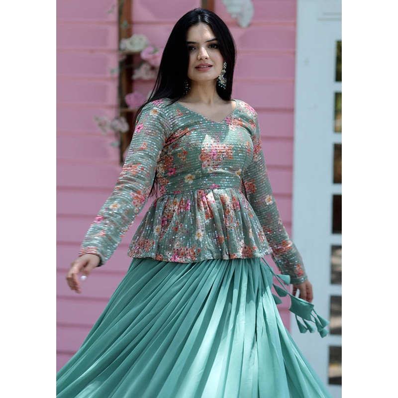 Aqua Georgette Readymade Lehenga Set - JD986605934