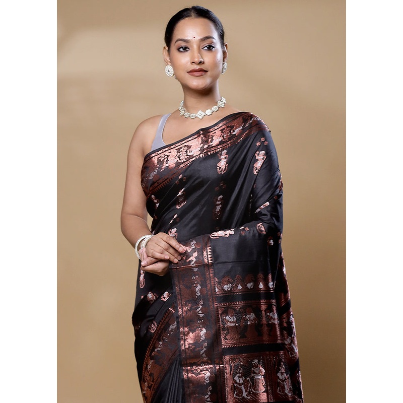 Black Handloom Baluchari Pure Silk Saree With Blouse Piece - JD986605989