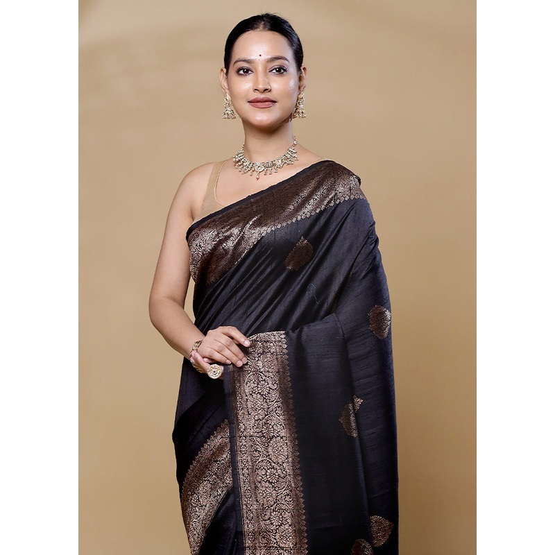 Black Handloom Tussar Pure Silk Saree With Blouse Piece - JD986606065