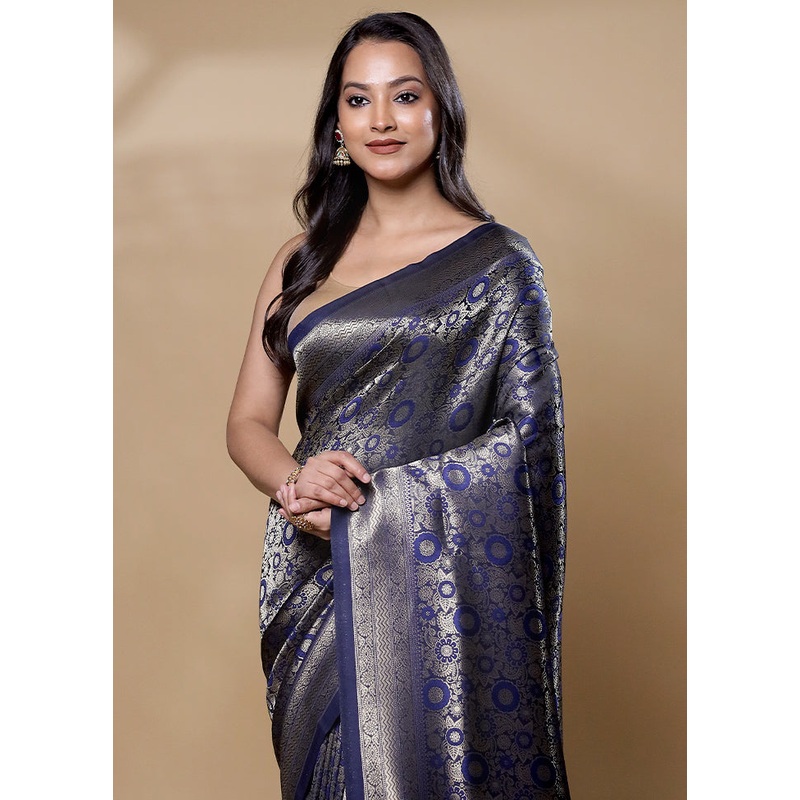 Blue Dupion Silk Saree With Blouse Piece - JD986605987