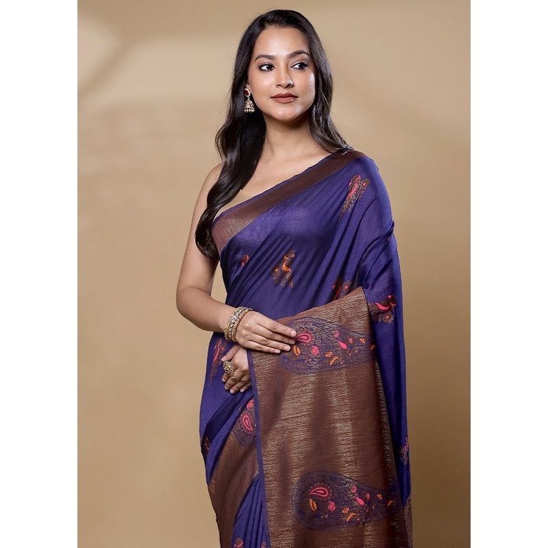 Blue Dupion Silk Saree With Blouse Piece - JD986605988