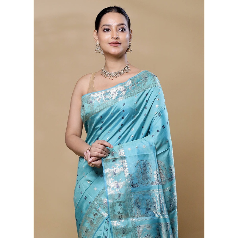 Blue Handloom Baluchari Pure Silk Saree With Blouse Piece - JD986606064