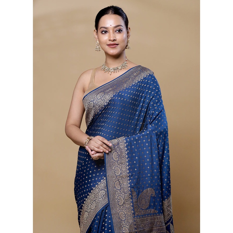 Blue Handloom Pure Georgette Saree With Blouse Piece - JD986606063