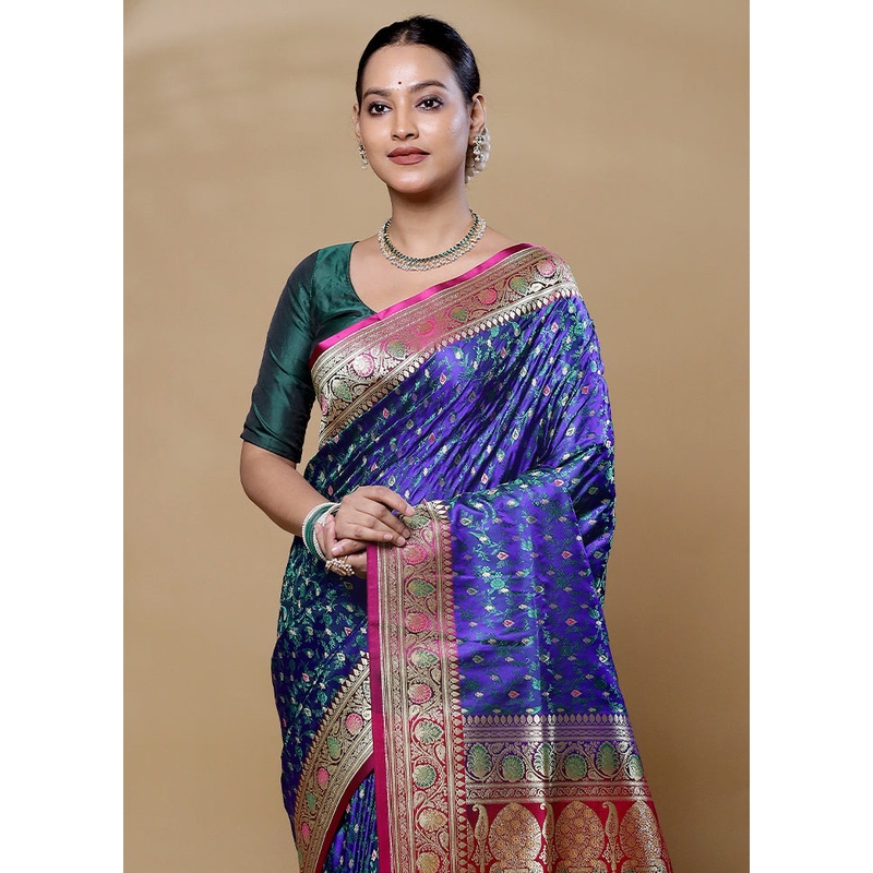 Blue Handloom Tanchoi Pure Silk Saree With Blouse Piece - JD986606061