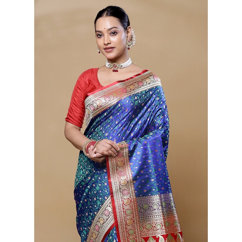Blue Handloom Tanchoi Pure Silk Saree With Blouse Piece - JD986606062