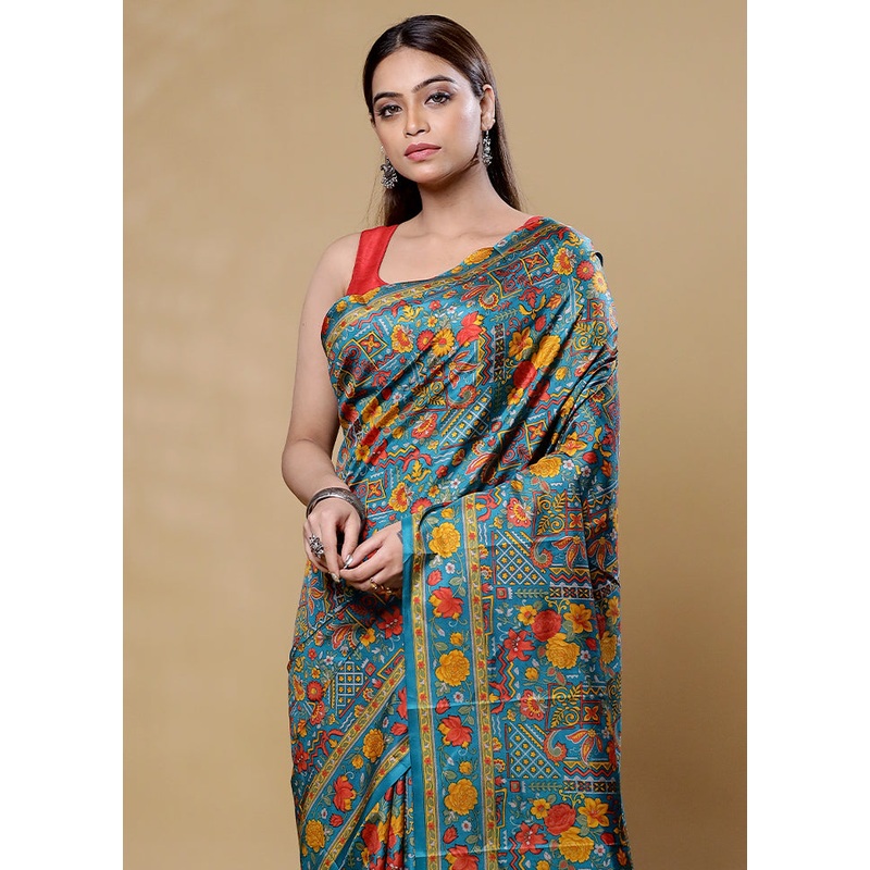 Blue Printed Pure Silk Saree Without Blouse Piece - JD986605967