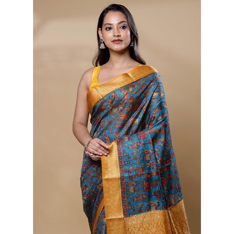 Blue Printed Pure Silk Saree Without Blouse Piece - JD986605983
