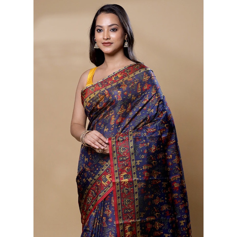 Blue Printed Pure Silk Saree Without Blouse Piece - JD986605984