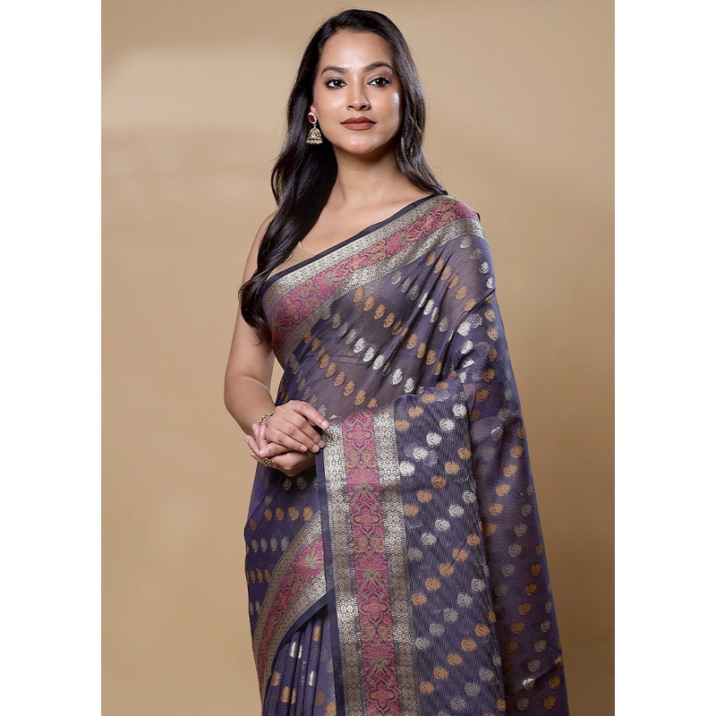 Blue Pure Cotton Saree With Blouse Piece - JD986605982