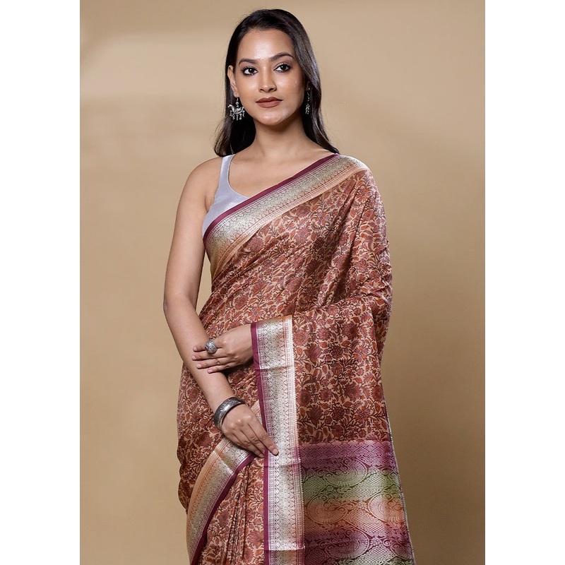 Brown Printed Pure Silk Saree Without Blouse Piece - JD986605980