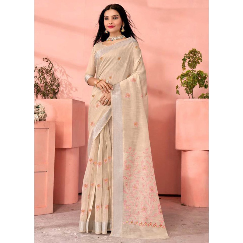 Cream Chanderi Silk Saree With Blouse Piece - JD986606029